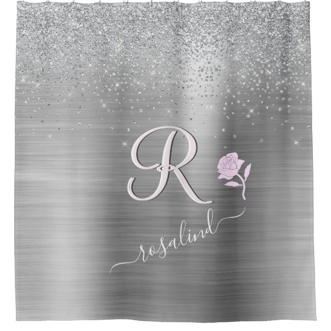 Elegant Grey Sparkle Custom Monogram Pink Rose  Shower Curtain (Front)