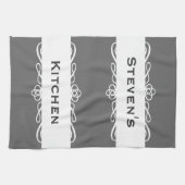 Elegant grey stripe name kitchen tea towel (Horizontal)