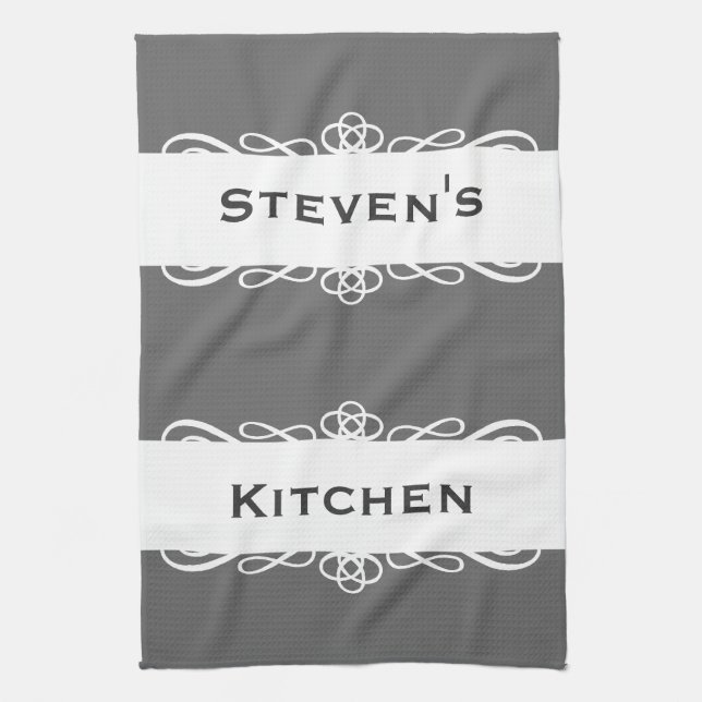 Elegant grey stripe name kitchen tea towel (Vertical)