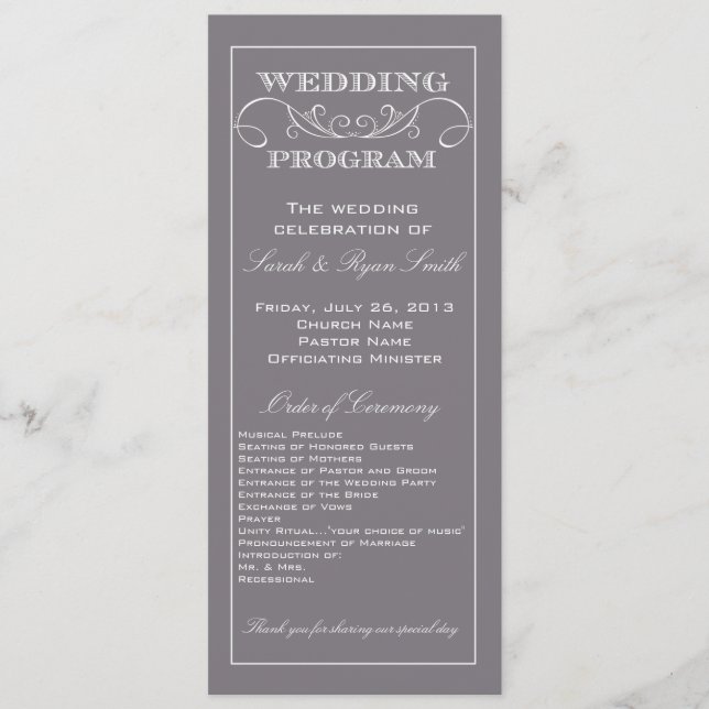 Elegant Grey Swirl Wedding Program (Front)