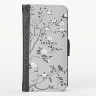 Elegant Grey Tree Blossom Art Personalised iPhone X Wallet Case