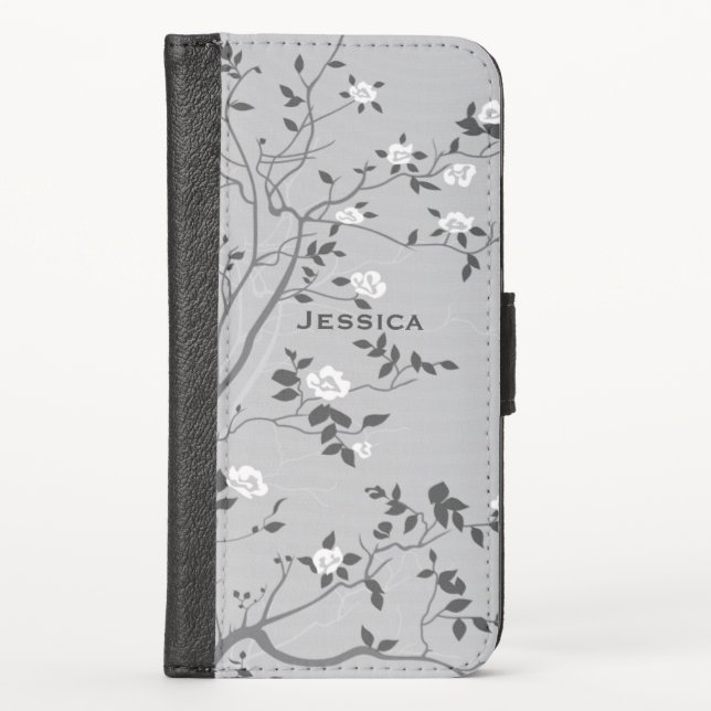 Elegant Grey Tree Blossom Art Personalised iPhone Wallet Case (Front)