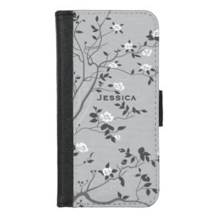 Elegant Grey Tree Blossom Art Personalised iPhone 8/7 Wallet Case