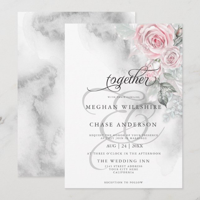 Elegant Grey Watercolor Pink Roses  BarefootBride™ Invitation (Front/Back)