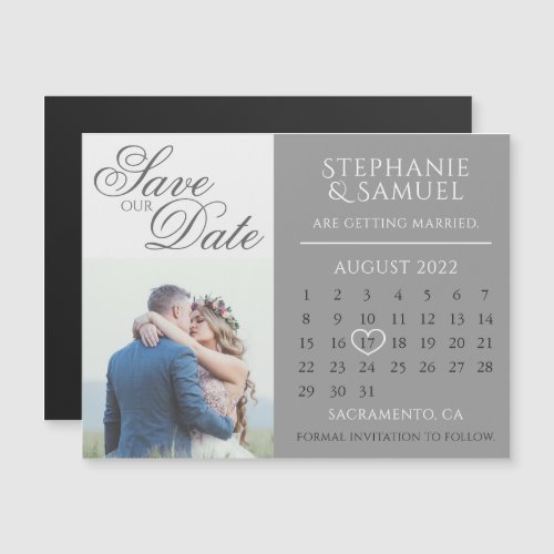 Elegant Grey Wedding Calendar Photo Save the Date Magnetic Invitation