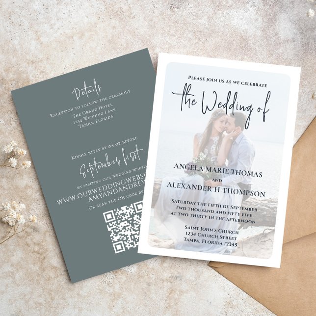 Elegant Grey Wedding Photo Template   (Elegant photo Wedding invitation with QR Code and simple grey.)