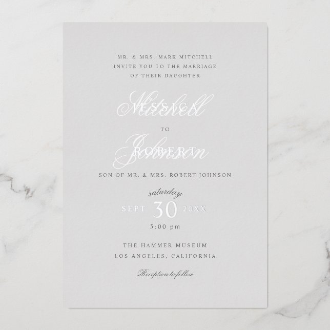 Elegant Grey Wedding Silver Foil Invitation (Front)