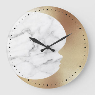 Elegant Grey White Marble Gold Crescent Moon Large Clock