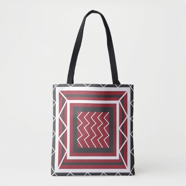 Elegant Grey White Red Square Chevron Stripe Tote Bag (Front)