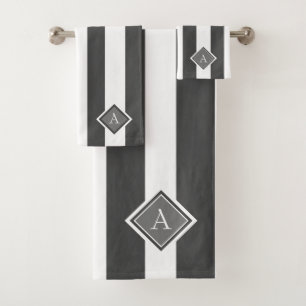 Elegant Grey White Stripes Monogram Bath Towel Set