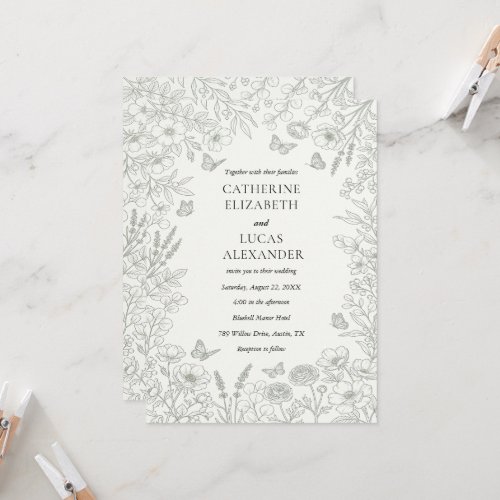 Elegant Grey Wildflower Line Art Wedding  Invitation