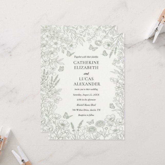 Elegant Grey Wildflower Line Art Wedding  Invitation (Front/Back In Situ)