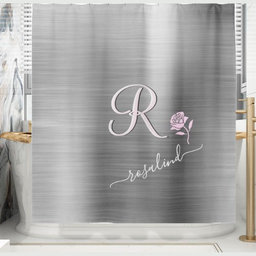 Elegant Grey with Custom Monogram Pink Rose Shower Curtain