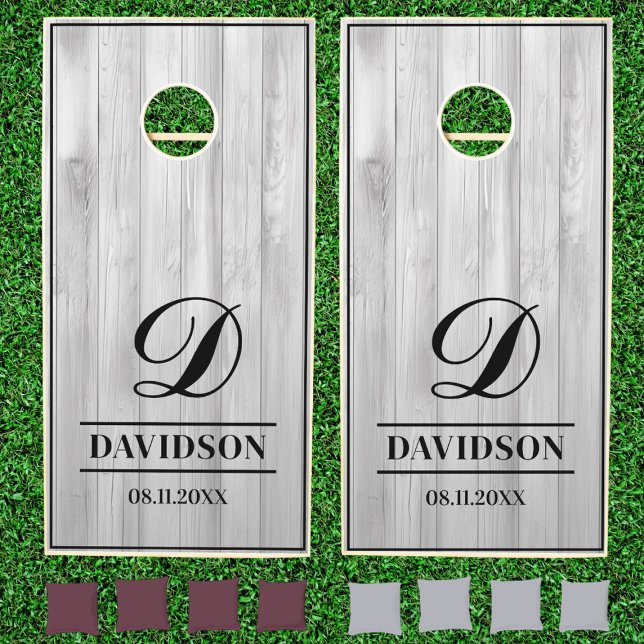 Elegant Grey Wood Family Name Monogram Cornhole Set (Creator Uploaded)
