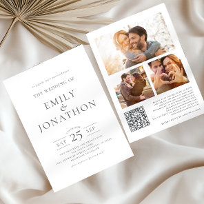 Elegant Grey Writing 3 Photos QR Code Wedding Invitation