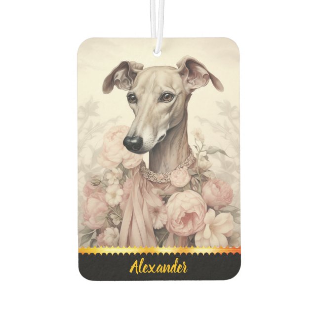 Elegant greyhound adorned with flowers and ribbons air freshener (Back)