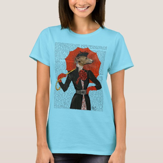 Elegant Greyhound and Red Umbrella 2 T-Shirt (Front)