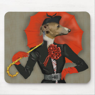 Elegant Greyhound and Red Umbrella Mouse Pad