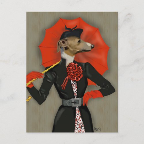 Elegant Greyhound and Red Umbrella Postcard