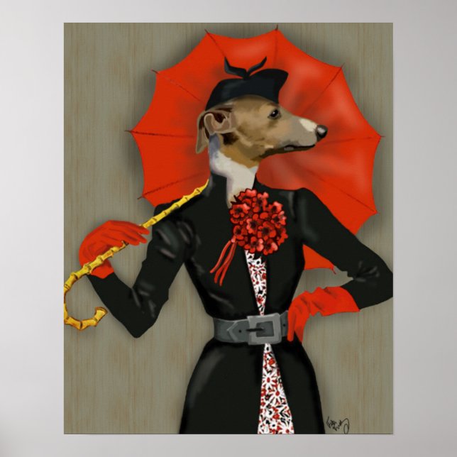 Elegant Greyhound and Red Umbrella Poster (Front)