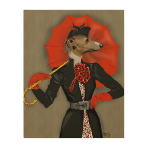 Elegant Greyhound and Red Umbrella Wood Wall Art
