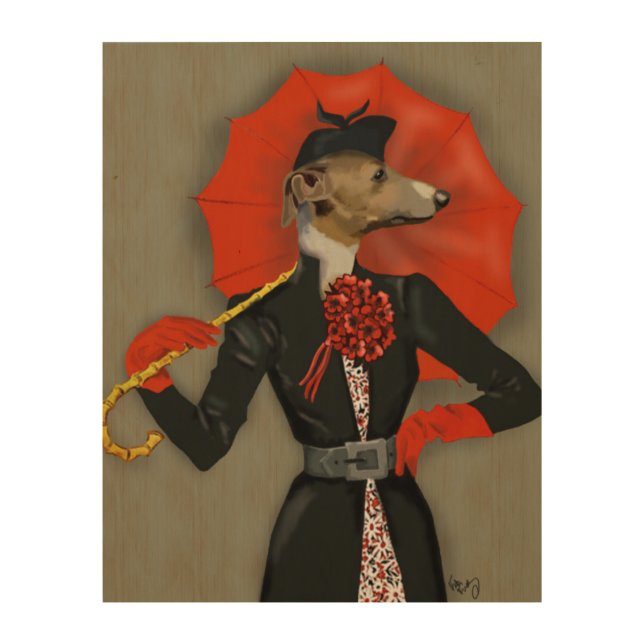 Elegant Greyhound and Red Umbrella Wood Wall Art (Front)