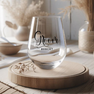 Elegant Groom Calligraphy Wedding Script Stemless Wine Glass