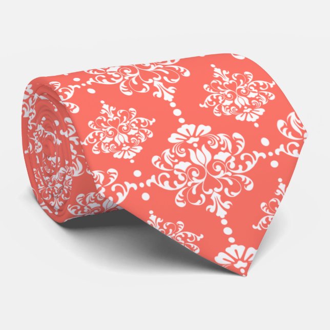 Elegant Groomsmen Damask Pattern Coral Wedding Neck Tie (Rolled)