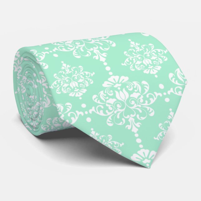 Elegant Groomsmen Damask Pattern Neo Mint Wedding Neck Tie (Rolled)