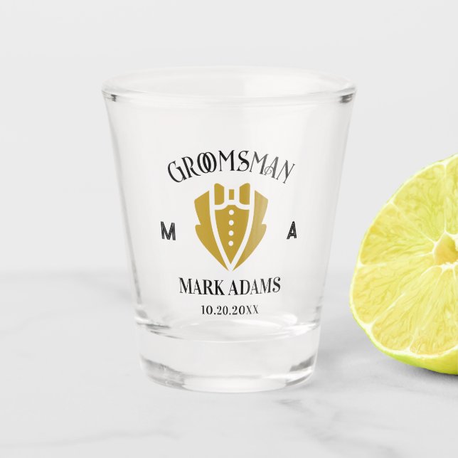 Elegant Groomsmen Gift Tuxedo Custom Monogram Shot Glass (Front)