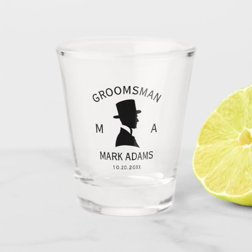 Elegant Groomsmen Man Hat Suit Vintage Monogram Shot Glass