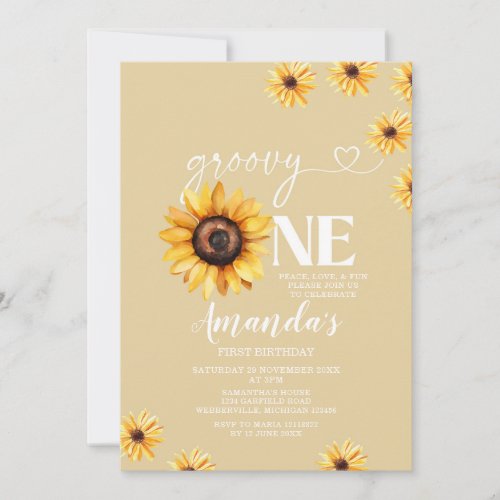 Elegant Groovy One Birthday Boho Sunflowers Invitation