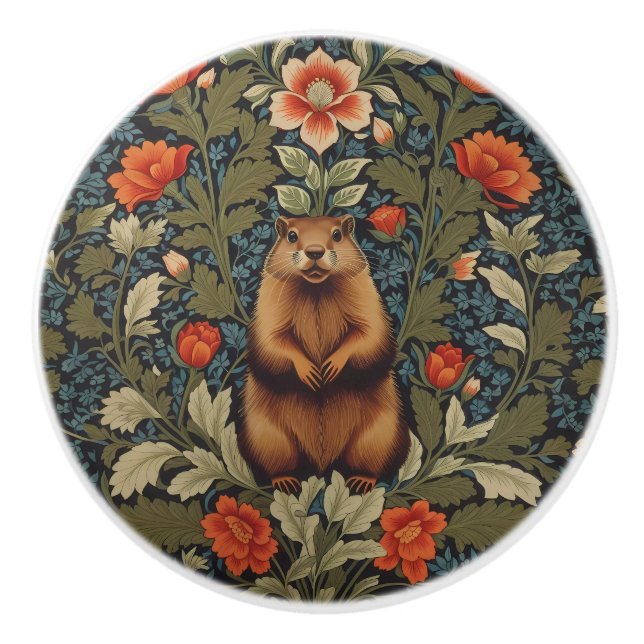 Elegant Groundhog William Morris Inspired Ceramic Knob (Front)