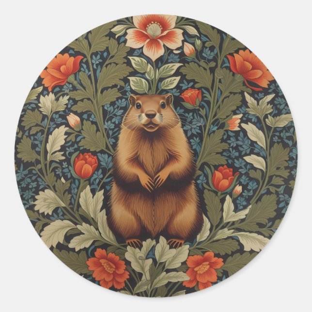 Elegant Groundhog William Morris Inspired Classic Round Sticker (Front)