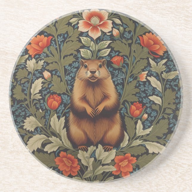 Elegant Groundhog William Morris Inspired Coaster (Front)