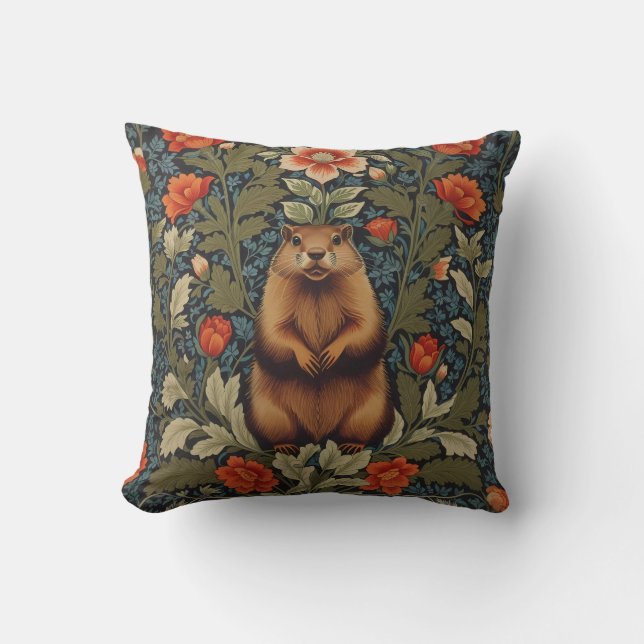 Elegant Groundhog William Morris Inspired Throw Pillow (Front)