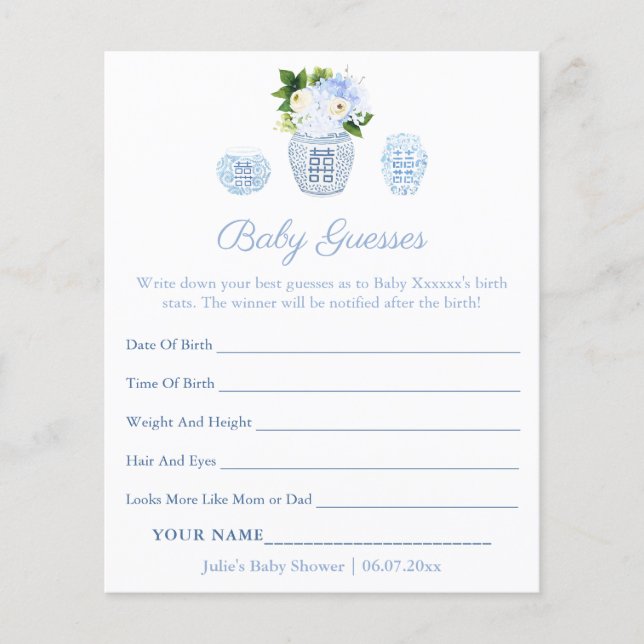 Elegant Guess Baby Birth Stats Shower Game Card (Front)