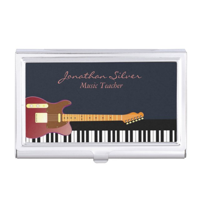 Elegant Guitar and Piano Keys Music Teacher Business Card Case (Front)