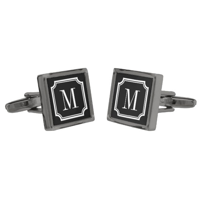 Elegant gunmetal black custom monogram cufflinks (Angled)