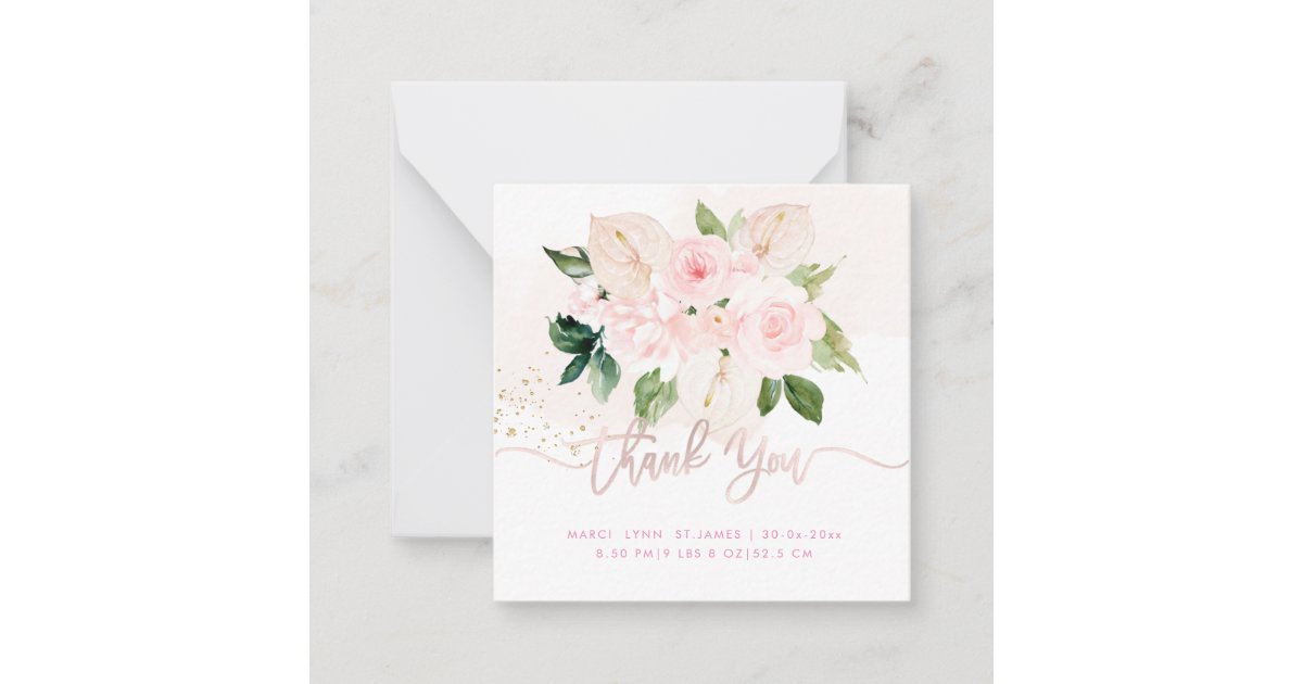 Elegant H2 Blush Pink Roses Baby Shower Thank You Note Card | Zazzle