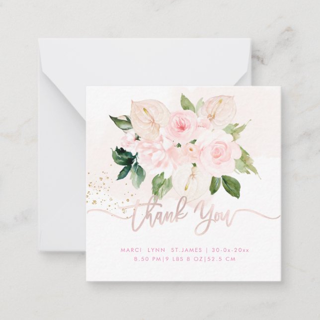 Elegant H2 Blush Pink Roses Baby Shower Thank You Note Card (Front)