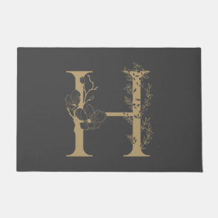 Elegant H Boho Floral Monogram Initial Gray Gold Doormat