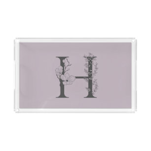 Elegant H Boho Floral Monogram Initial Lilac Gray Acrylic Tray