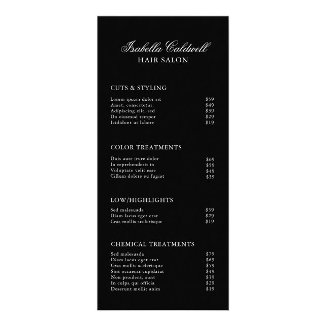 Elegant Hair Salon Black Price List Rack Card (Front)