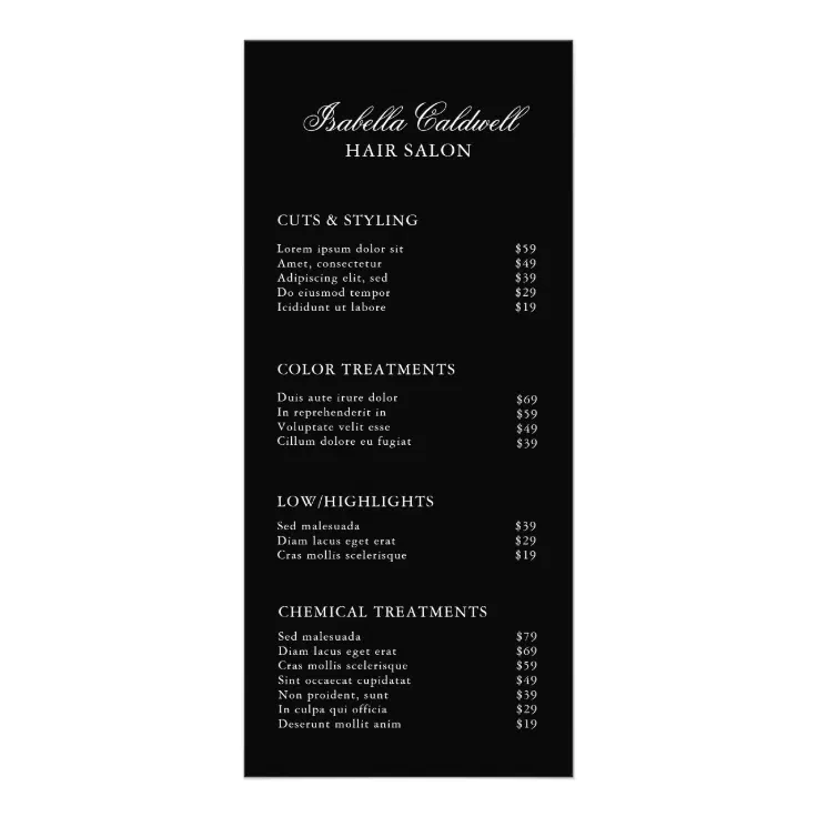 Elegant Hair Salon Black Price List Rack Card | Zazzle