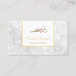 Elegant Hair Salon Gold Scissors White Rose Marble Business Card