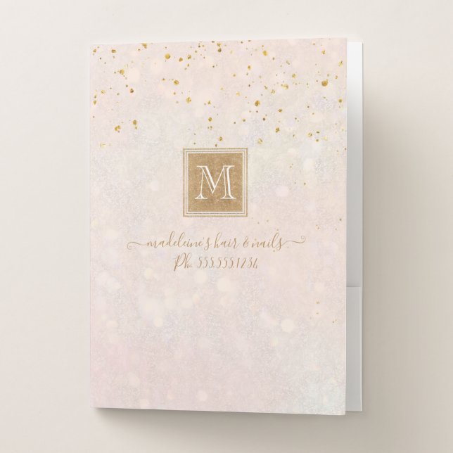 Elegant Hair Salon Pink Gold Glitter Monogram Pocket Folder (Front)