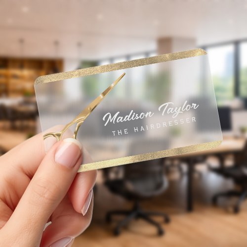Elegant Hair stylist Hairdresser Golden scissors Clear Business Cards