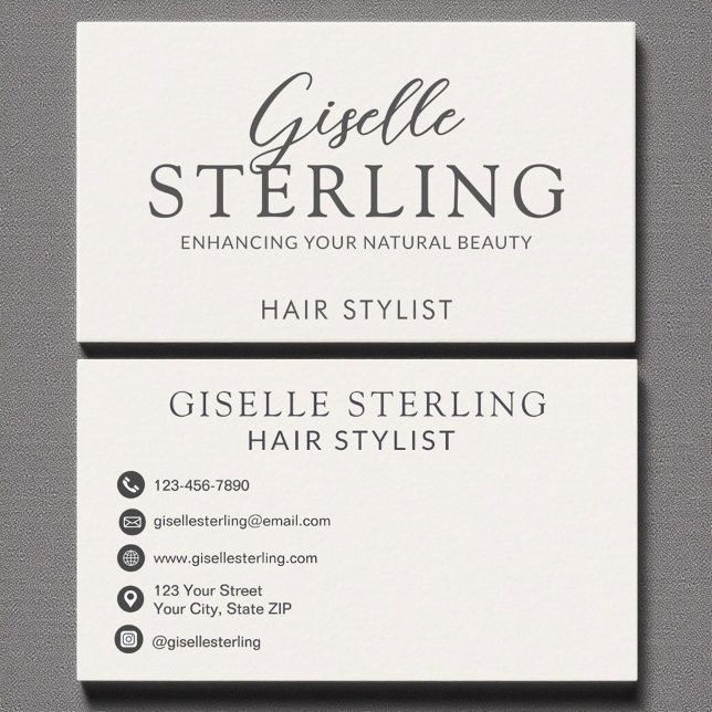 Elegant Hair Stylist Neutral Beige Script  Business Card (Creator Uploaded)