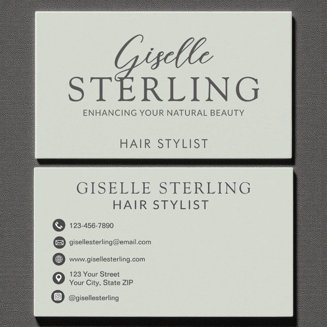Elegant Hair Stylist Sage Green Modern Script  Business Card (Creator Uploaded)